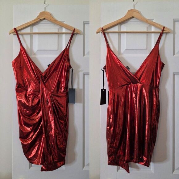 H:OURS Revolve Red Metallic Mini Dress Women's Size Small NWT - Picture 2 of 9
